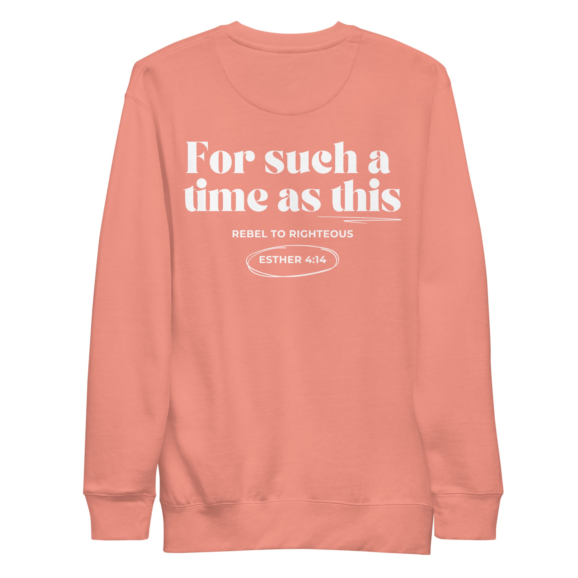 “Christian sweatshirt with For Such a Time as This text in forest green”

“Faith-based crewneck with crown design – Dusty Rose”

“Esther 4:14 sweatshirt for Christian women”